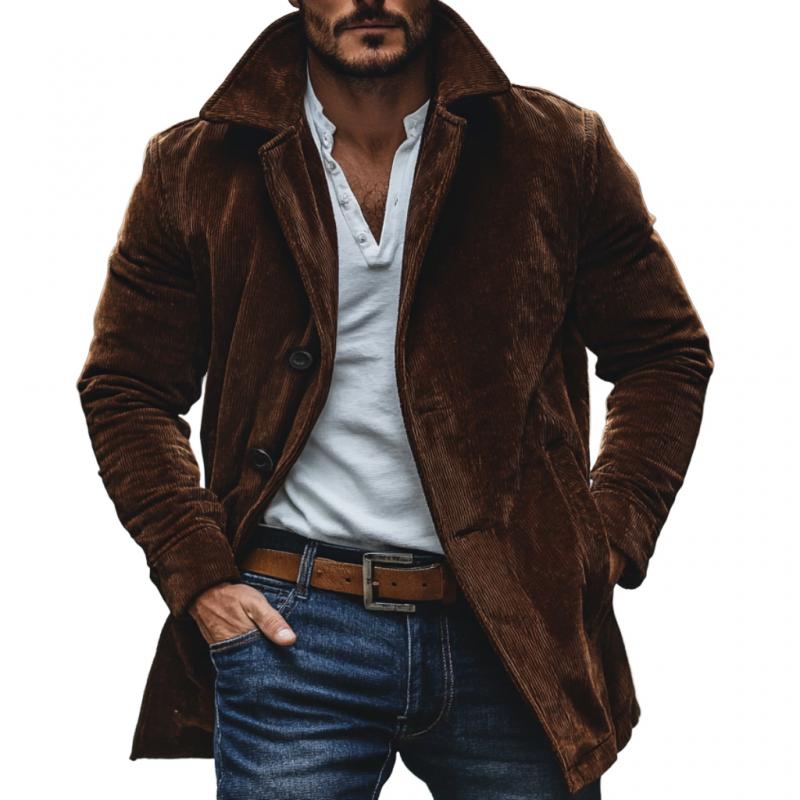 Men's Vintage Corduroy Lapel Single Breasted Mid-Length Coat 9274151698616
