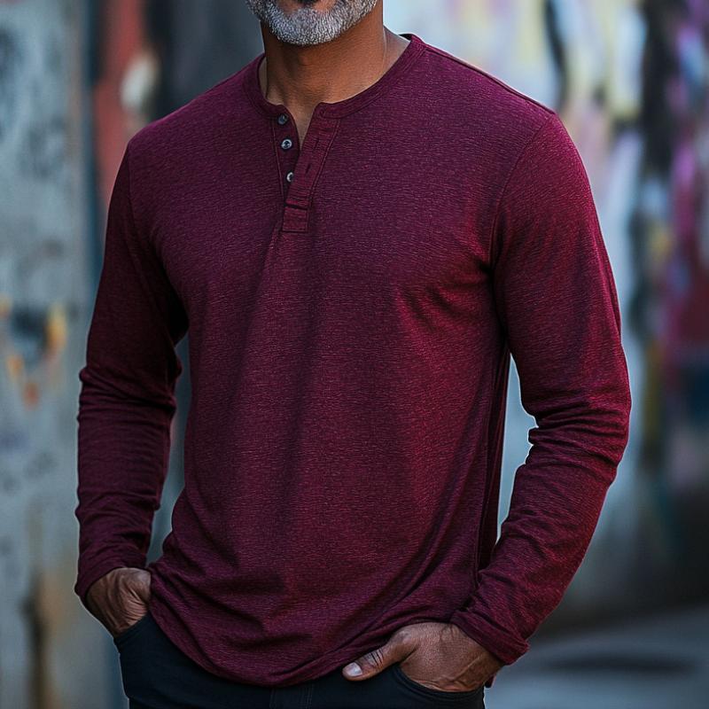 Men's Classic Burgundy Henley Collar Long Sleeve T-Shirt 9873521377464