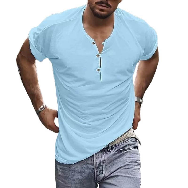 Men's Casual Solid Color Henley Collar Short Sleeve T-Shirt 9261136249016