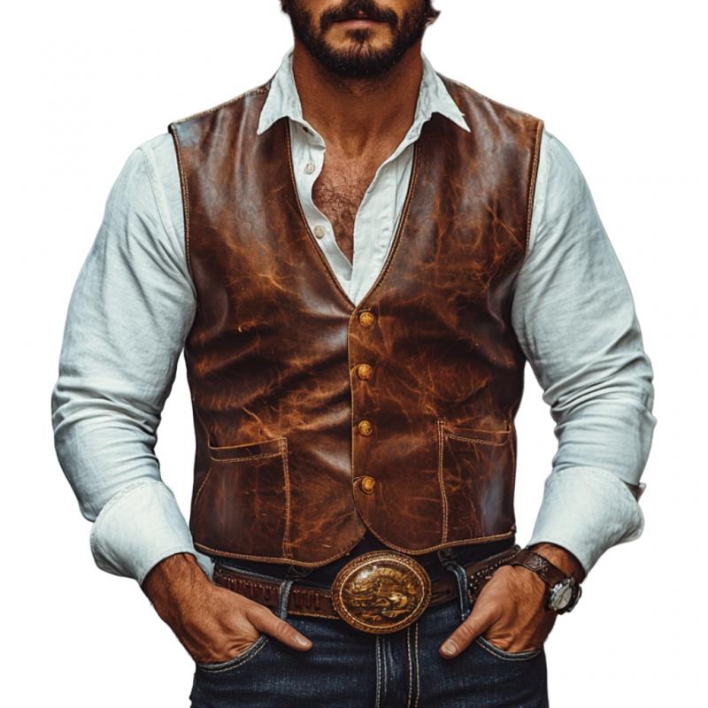 Men's Vintage Leather V-Neck Single Breasted Slim Fit Vest 9887360549048