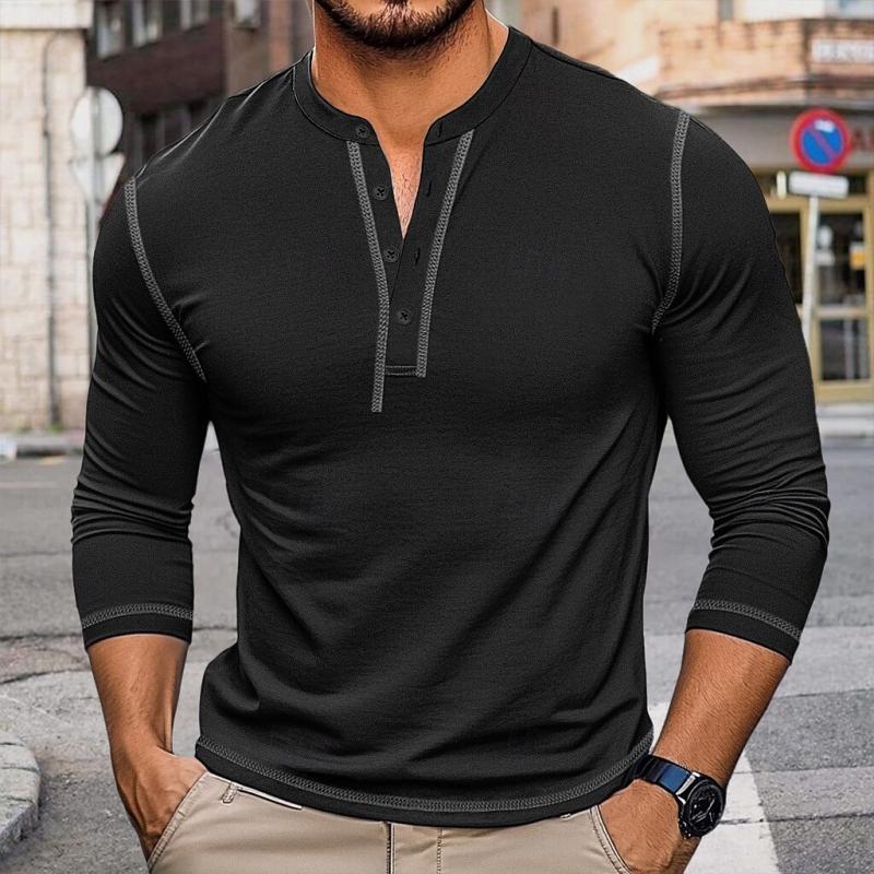 Men's Retro Contrast Color Button Crew Neck Slim FitLong Sleeve T-Shirt 9261143064760