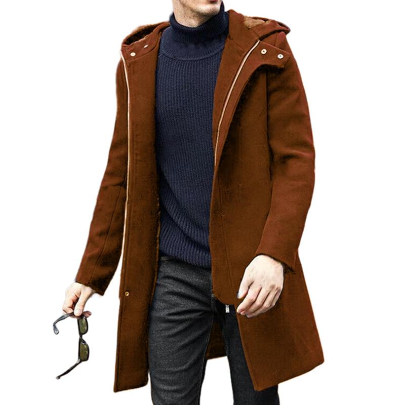 Men's Fashion Solid Color Hooded Zipper Mid-length Coat 9261105086648