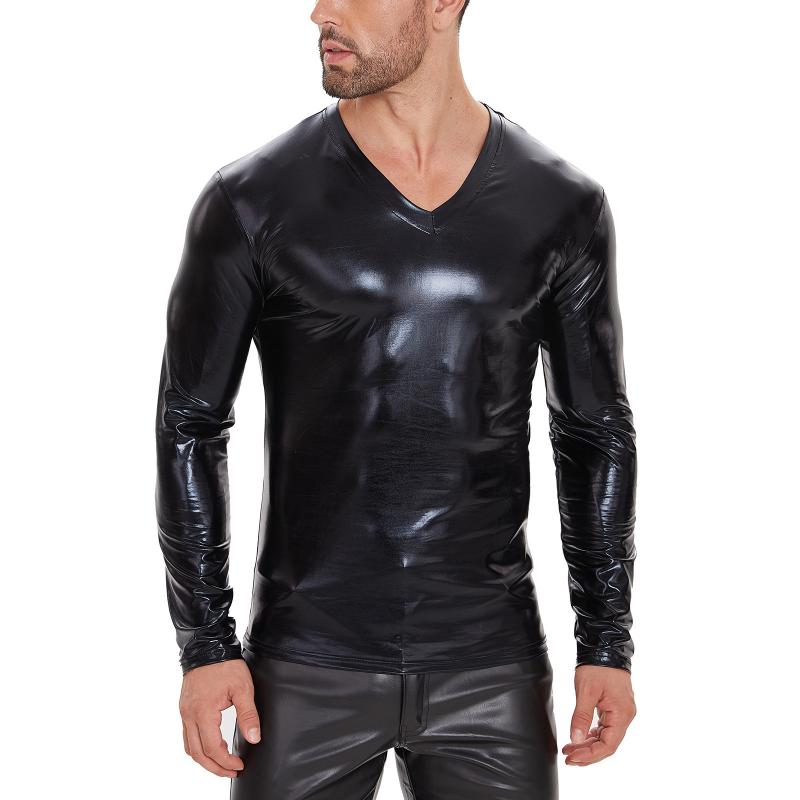 Men's Classic Casual Slim Fit Soft Patent Leather V-Neck Long Sleeve T-Shirt 9271920394424