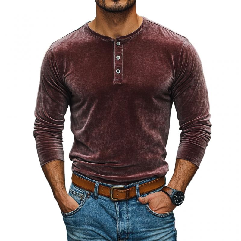 Men's Vintage Velvet Henley Collar Slim Fit Long Sleeve T-Shirt 9272244306104