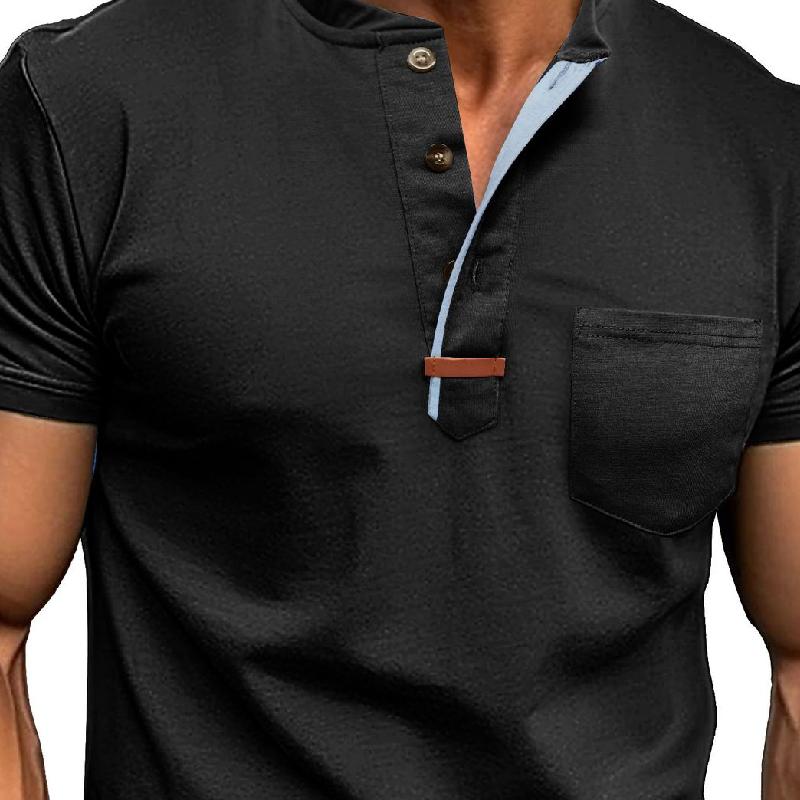 Men's Casual Cotton Colorblock Henley Collar Slim Fit Short Sleeve T-Shirt 9879658102968