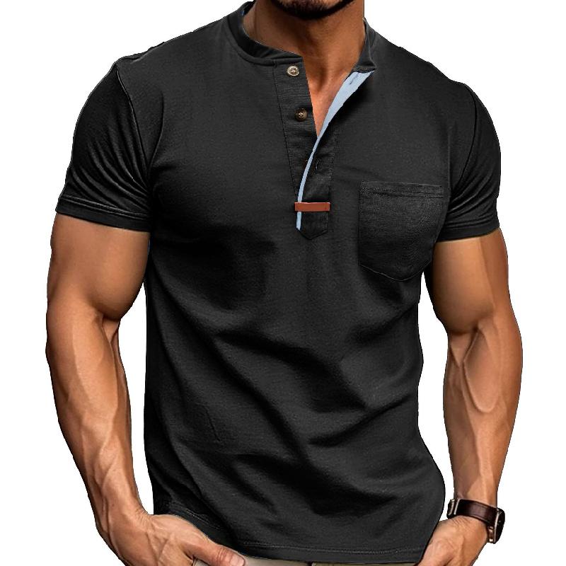 Men's Casual Cotton Colorblock Henley Collar Slim Fit Short Sleeve T-Shirt 9879658102968