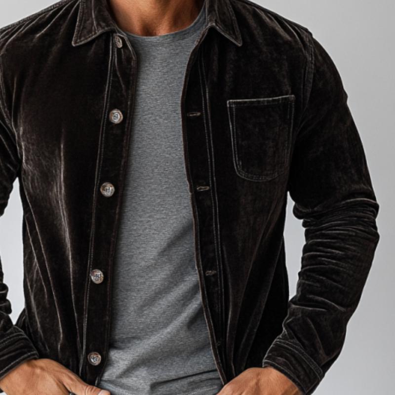 Men's Vintage Velvet Chest Pocket Single Breasted Long Sleeve Shirt 9877642739896