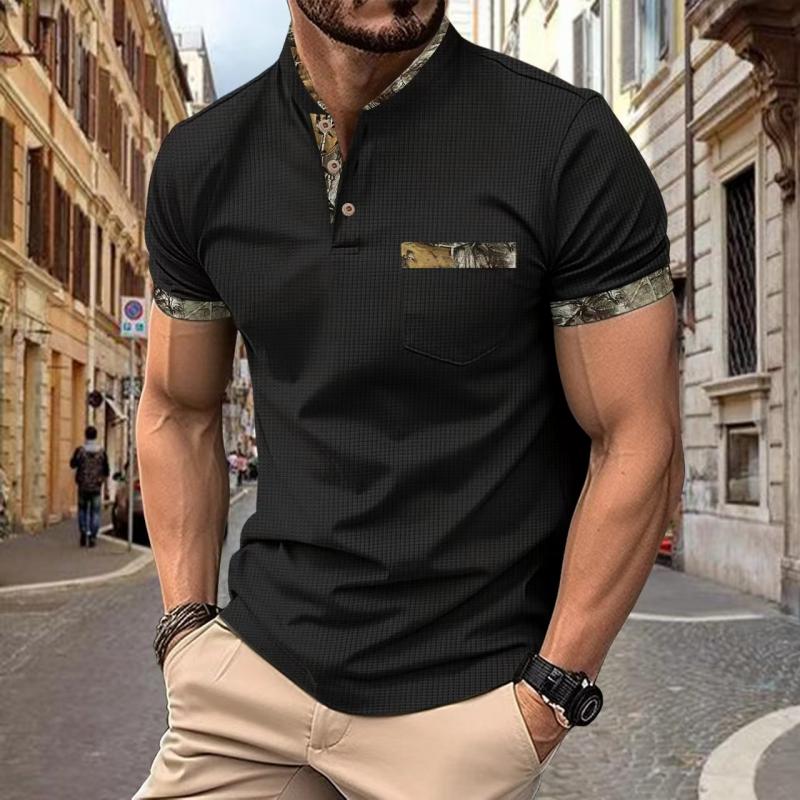 Men's Casual Colorblock Stand Collar Button Slim Fit Short Sleeve T-shirt 9261136806072