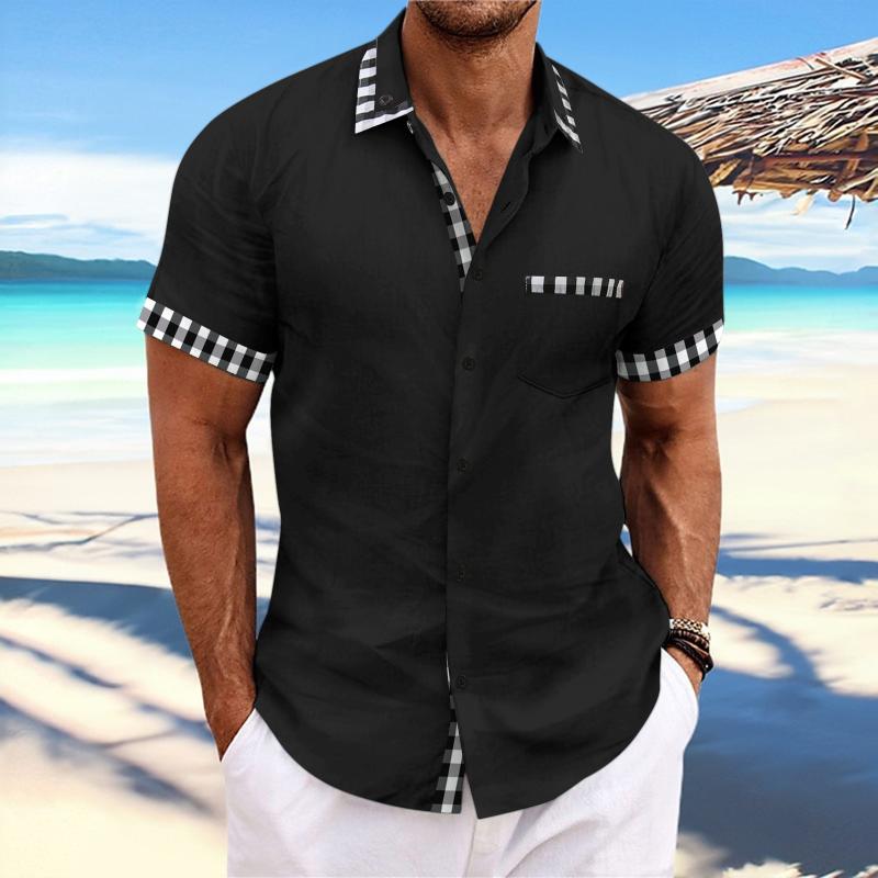 Men's Cotton And Linen Plaid Patchwork Chest Pocket Short-Sleeved Shirt 9261821493432