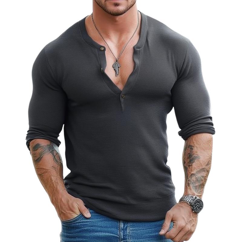 Men's Casual Solid Color Henley Collar Slim Fit Long Sleeve T-Shirt 9261142769848