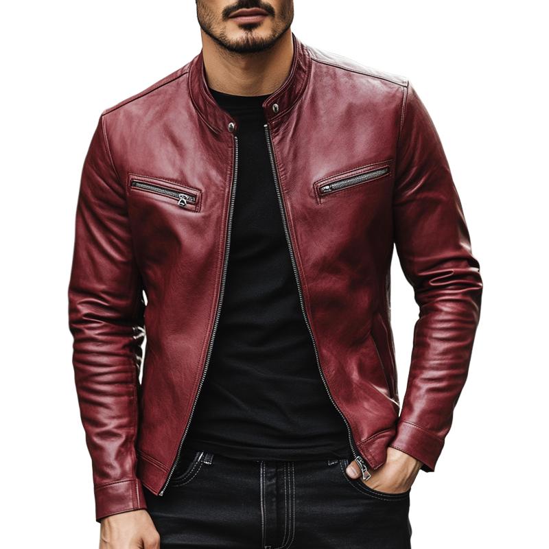 Men's Vintage Stand Collar Zipper Leather Jacket 9873140089016
