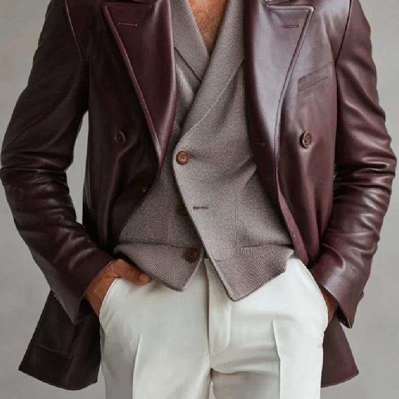 Men's Vintage Lapel Double Breasted Leather Blazer 9877217575096