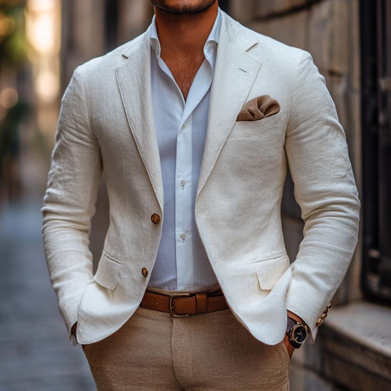 Men's Fashion Solid Color Linen Notch Lapel Two Buttons Casual Blazer 9885838999736