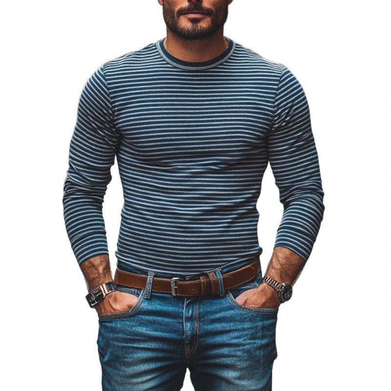 Men's Casual Cotton Blended Round Neck Striped Slim Fit Long Sleeve T-Shirt 9260832882872