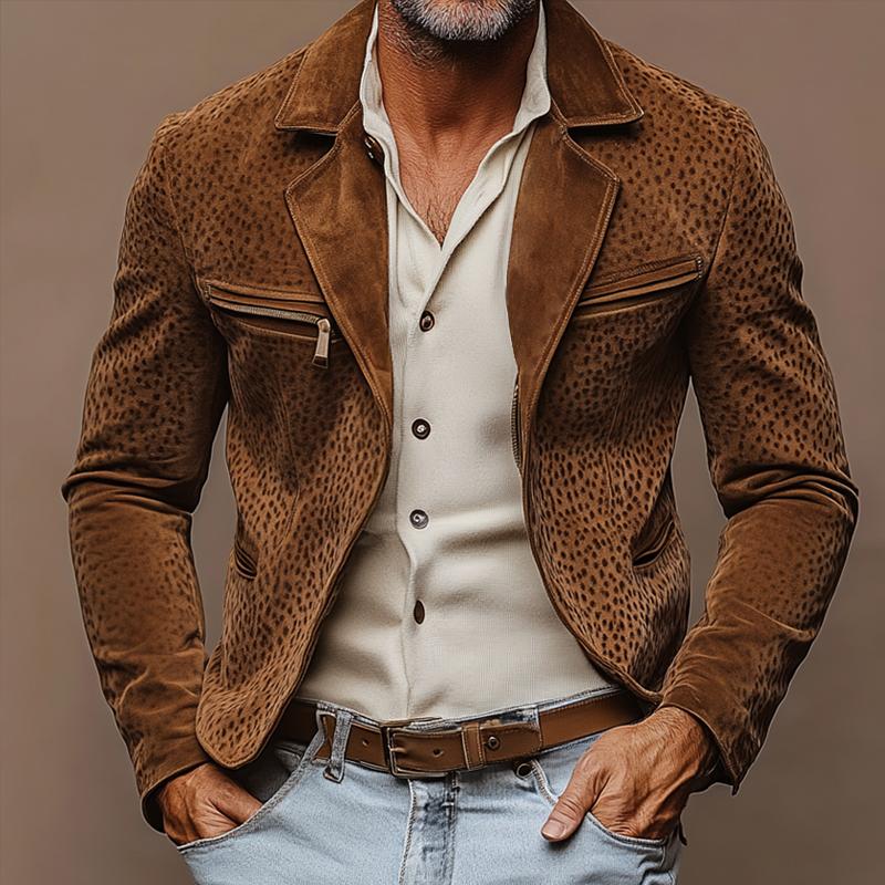 Men's Vintage Leopard Suede Lapel Multi-pocket Slim Jacket 9879659872440