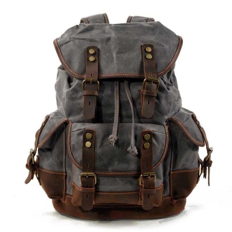 Men's Vintage Outdoor Canvas Stitching Leather Multi-Pocket Backpack 9262190624952