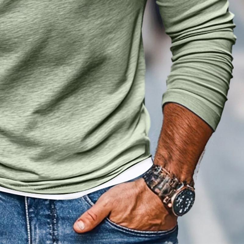 Men's Casual Color Matching Fake Two-Piece Double-Layer V-Neck Long-Sleeved T-Shirt 9268189003960