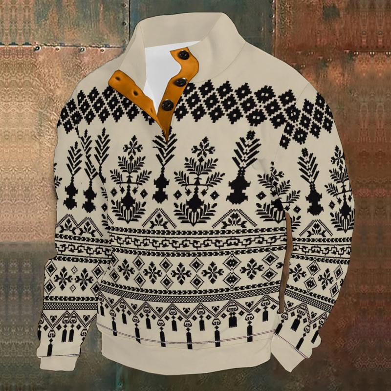 Men's Geometric Festival Print Stand Collar Long Sleeve T-Shirt 9261143982264