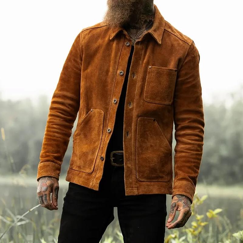Men Fashion Suede Multi-Pocket Single Breasted Jacket 9883355054264