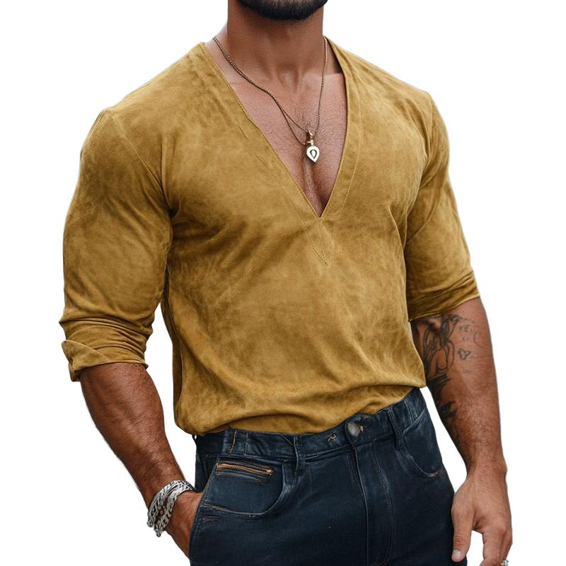 Men's Fashion Suede V-Neck Slim Fit Long Sleeve T-Shirt 9879659511992