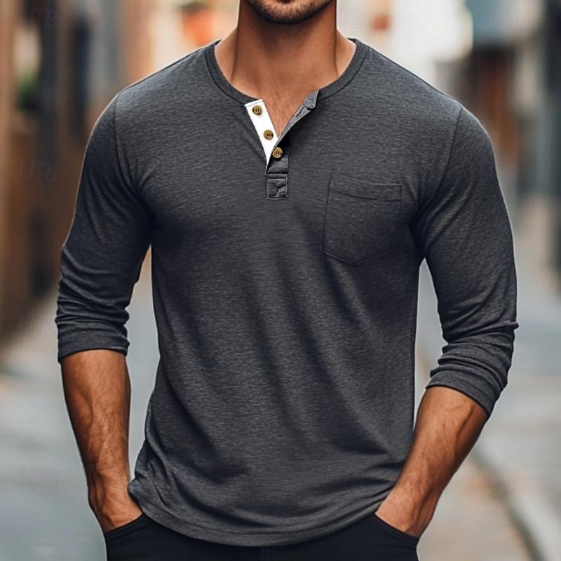 Men's Solid Color Button Round Neck Long Sleeve T-Shirt 9261142900920