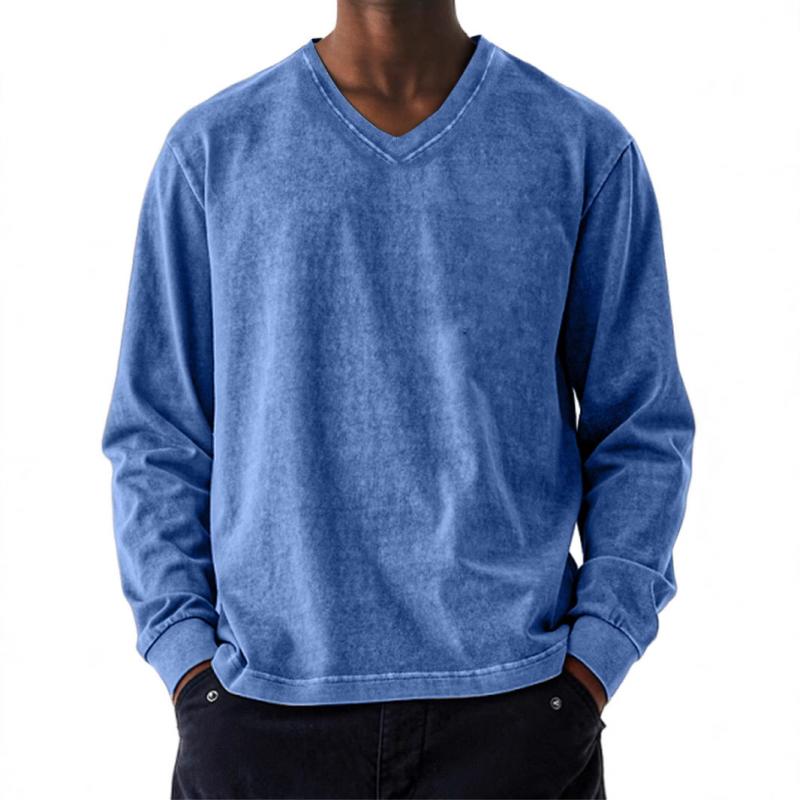 Men's Solid Color Loose V Neck Long Sleeve T-shirt 9261139099832