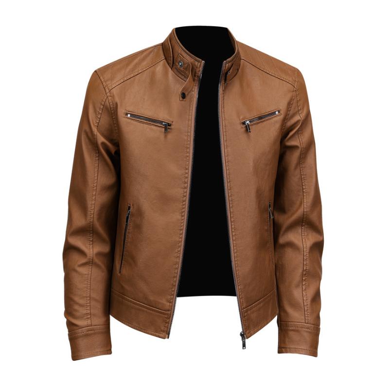 Men's Vintage Stand Collar Zipper Slim Fit Motorcycle Leather Jacket 9261092831416