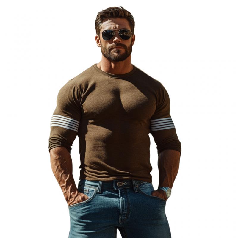 Men's Casual Striped Colorblock Round Neck Slim Fit Long Sleeve T-Shirt 9274167427256