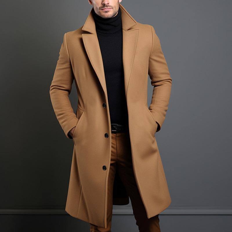 Men's Solid Notch Lapel Single-breasted Mid-length Coat 9261100630200