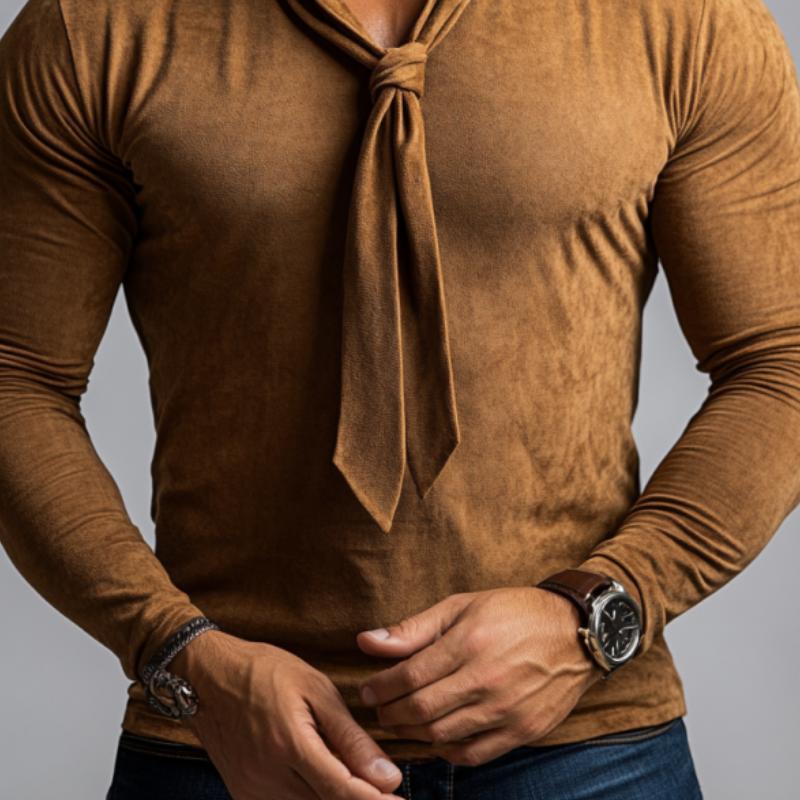 Men's Classic Casual V-Neck Shapeable Bow Tie Suede Long Sleeve T-Shirt 9886820171960