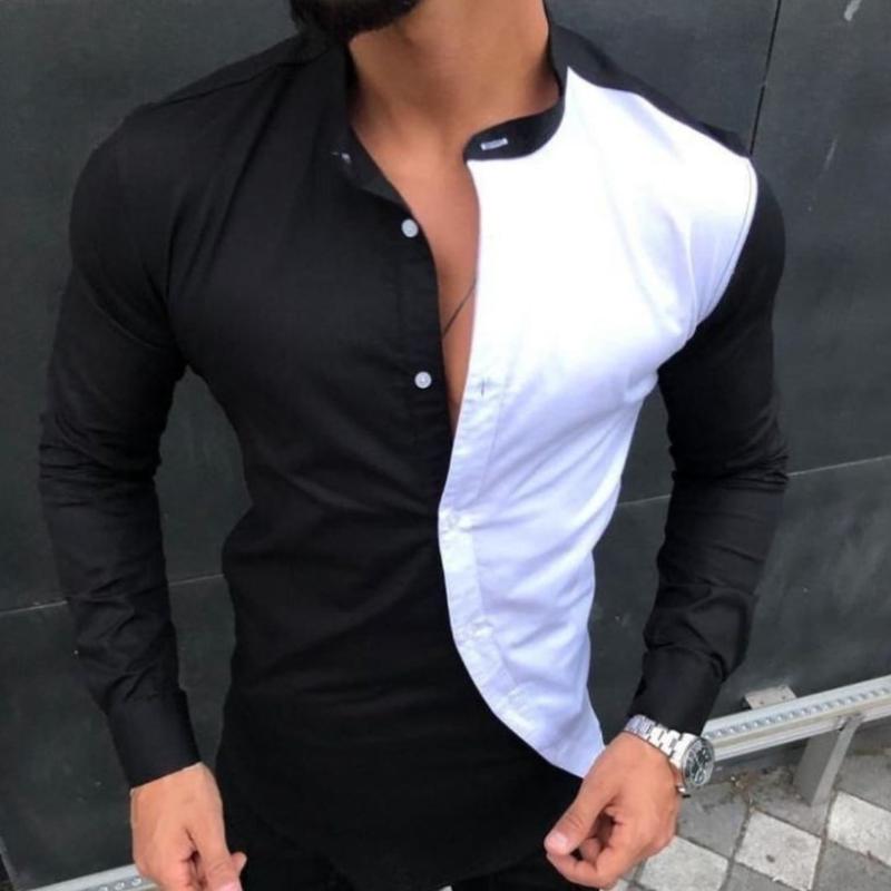 Men's Casual Stand Collar Colorblock Long Sleeve Shirt 9261817823416