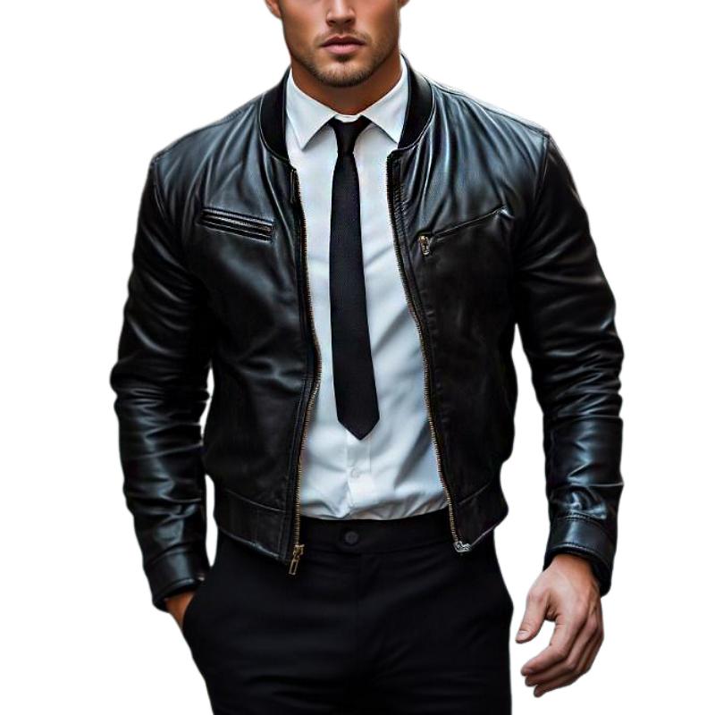 Men's Fashion Crew Neck Baseball Leather Jacket 9885321527480