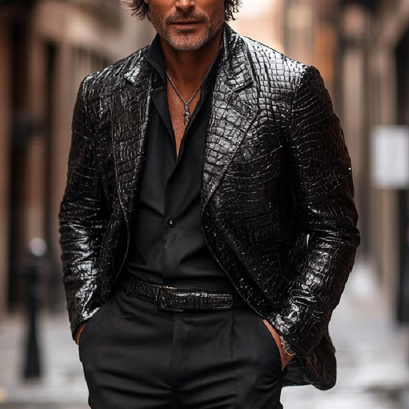 Men's Classic Versatile Black Lapel Crocodile Pattern Leather Blazer 9274151370936