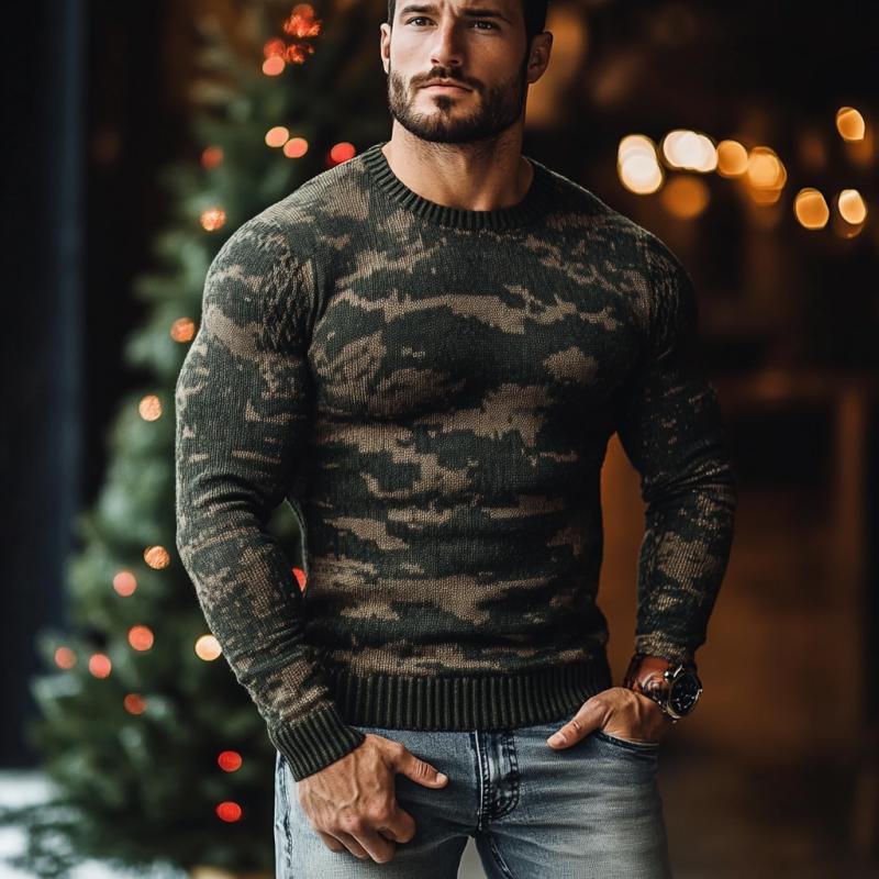 Men's Vintage Camouflage Jacquard Slim Fit Crew Neck Sweater 9262182432952