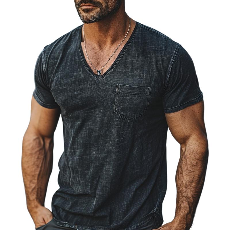 Men's Casual V-neck Heavy Duty Washed Distressed Short-sleeved T-shirt 9261129367736