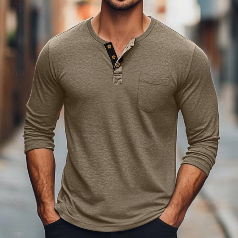 Men's Solid Color Button Round Neck Long Sleeve T-Shirt 9261142900920