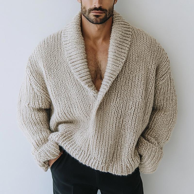 Men's Fashion Oversize Style Solid Color Lapel Long Sleeve Casual Knit Sweater 9262175617208