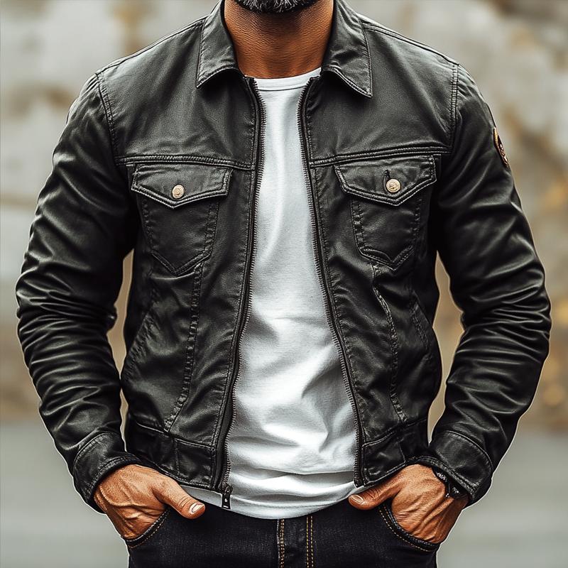 Men's Vintage PU Leather Lapel Chest Pocket Zipper Biker Jacket 9272630870200