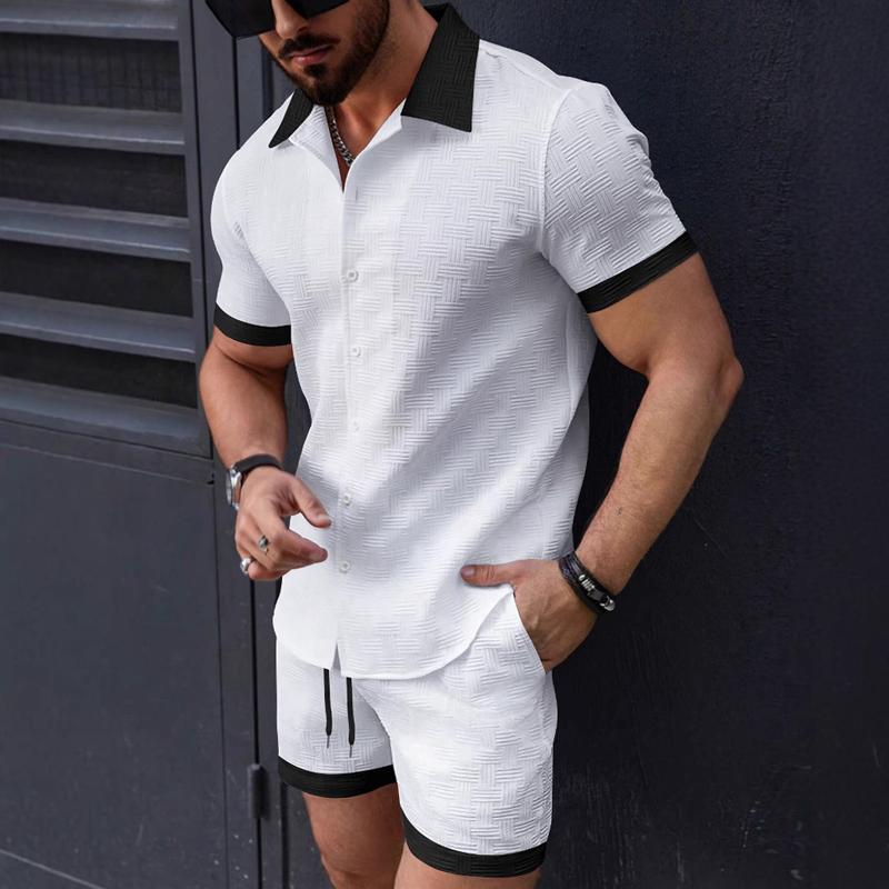 Men's Colorblock Texture Lapel Short Sleeve Shirt Shorts Casual Set 9879141810360