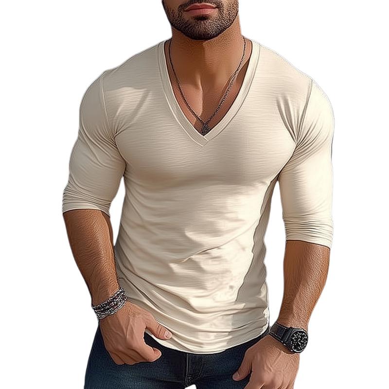 Men's Casual Cotton V-neck Slim Fit Long Sleeve T-shirt 9260832948408