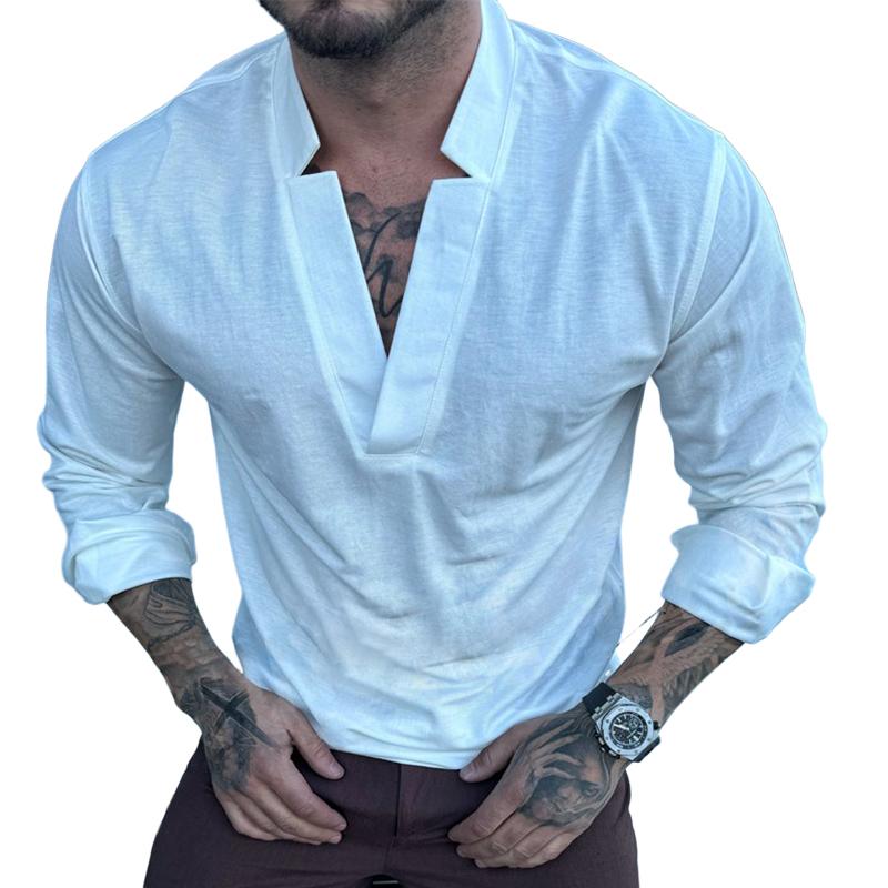 Men's Retro Casual Solid Color V-Neck Long Sleeve T-Shirt 9261140738232