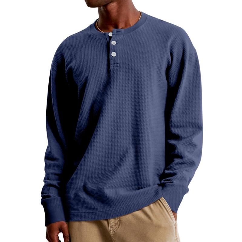 Men's Casual Waffle Henley Collar Loose Long Sleeve T-Shirt 9261135069368