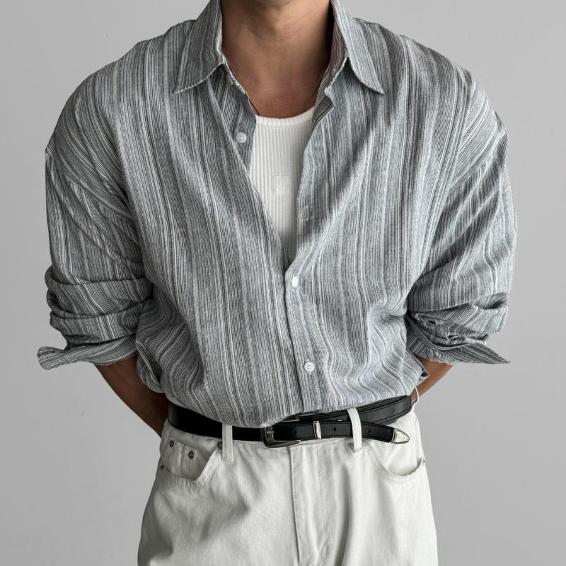 Men's Retro Casual Striped Lapel Long Sleeve Shirt 9261794361528