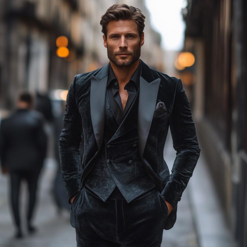 Men's Vintage Velvet Satin Patchwork Peak Lapel Single Breasted Slim Fit Blazer 9873518952632