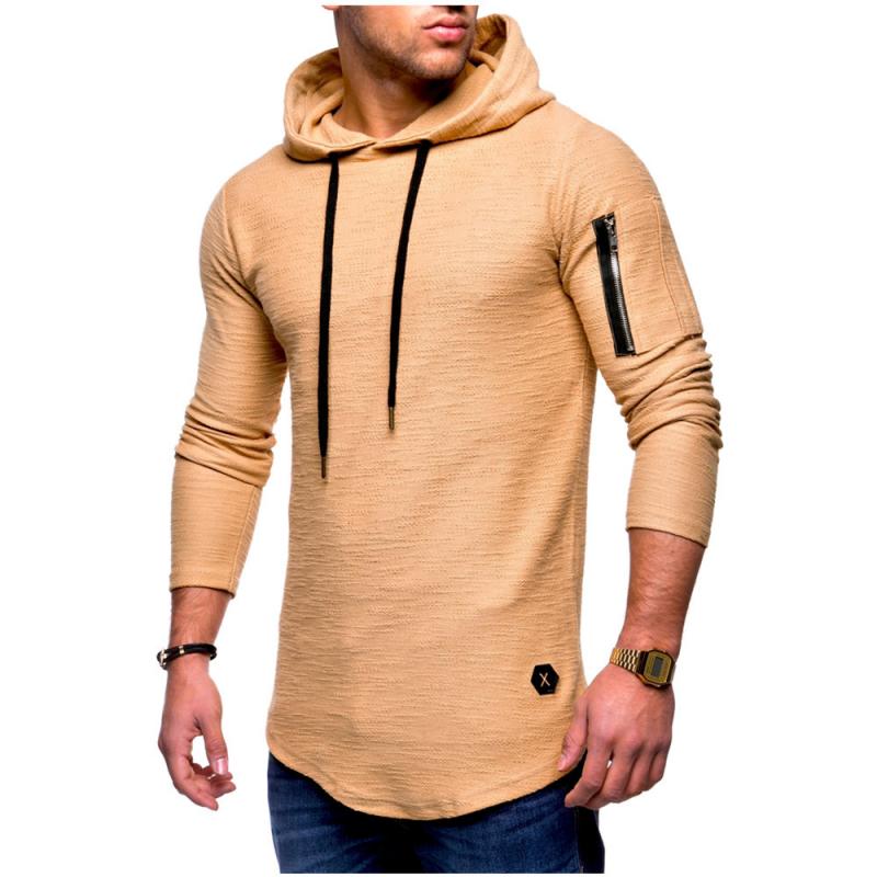 Men's Classic Casual Arm Zipper Solid Color Crew Neck Hooded Long Sleeve T-Shirt 9261141917880