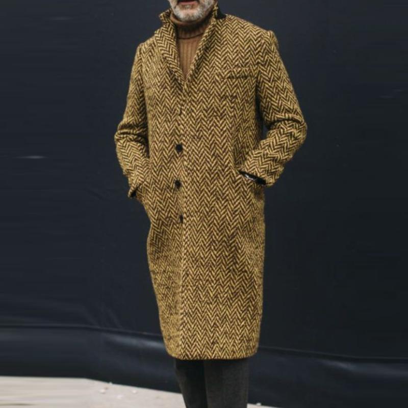 Men's Vintage Herringbone Lapel Single Breasted Long Coat 9261108527288