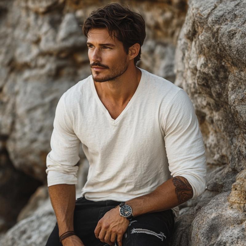 Men's Casual Cotton V-neck Loose Long Sleeve T-shirt 9260832817336