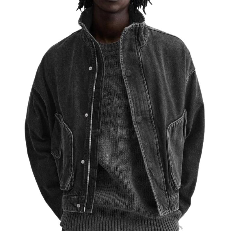 Men's Stylish Stand Collar Black Denim Jacket 9886819319992