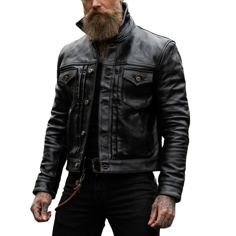 Men's Fashion Vintage Double Chest Pocket Short Leather Jacket 9882785382584