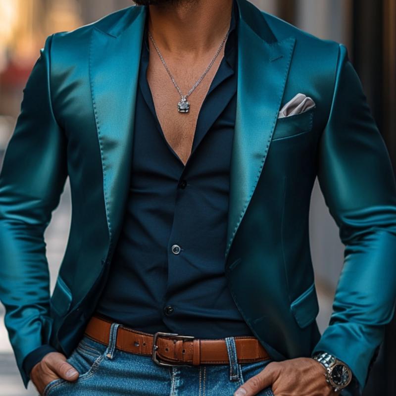 Men's Retro Elegant Satin Peak Lapel Single Breasted Slim Fit Blazer 9873518985400